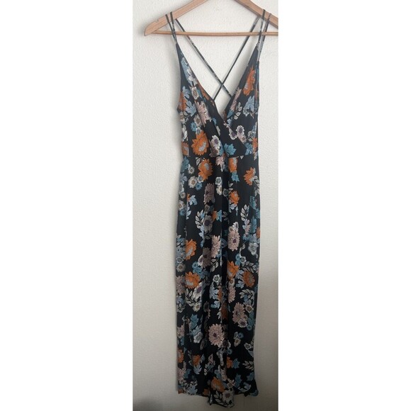 Astr Boho Floral Maxi Dress Black Strappy Cross Back Fairycore Lagenlook Summer - Picture 2 of 9